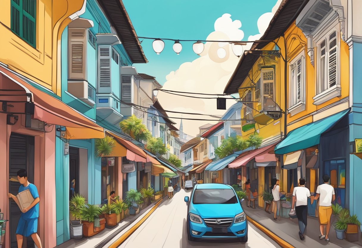 Colorful street signs line the narrow lanes of Kampong Glam, Singapore, with bustling shops and cafes, capturing the vibrant energy of this popular neighborhood