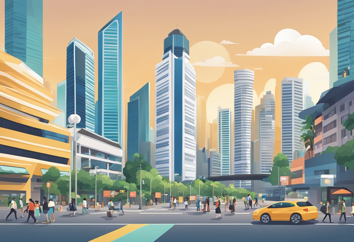 A bustling city street with a prominent sign reading "Frequently Asked Questions" in front of the iconic skyline of Singapore