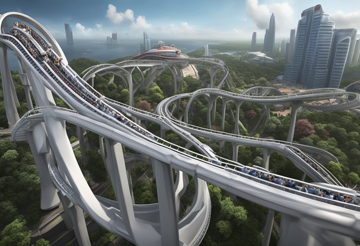The Battlestar Galactica roller coaster in Singapore features thrilling loops and twists, with two separate tracks offering different ride experiences