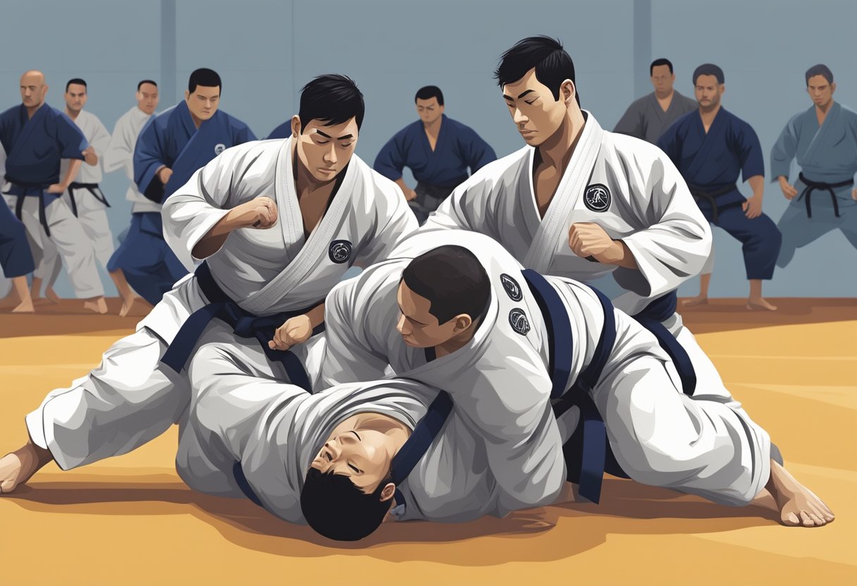 A group of martial artists practice Brazilian Jiu-Jitsu in a Singapore gym, grappling and training in a focused and disciplined manner