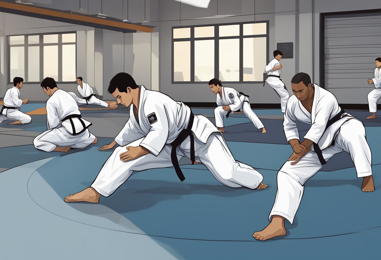 A group of people practicing Brazilian Jiu-Jitsu in a modern gym in Singapore. Mats cover the floor as they engage in various grappling techniques