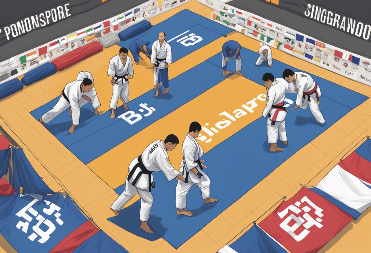 Two figures in BJJ uniforms bowing on a mat, surrounded by training equipment and banners with the words "BJJ Singapore" prominently displayed