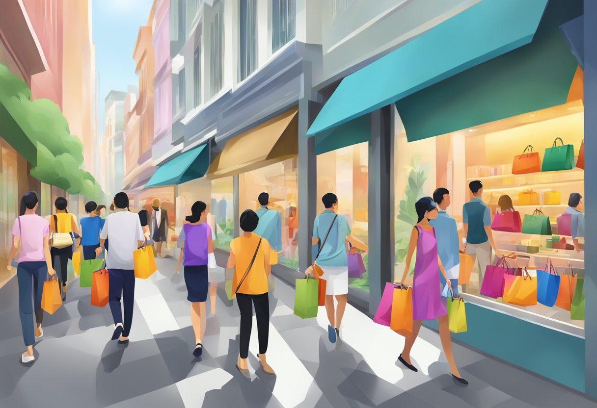 A bustling street in Singapore with colorful branded bags on display in shop windows and being carried by stylish shoppers