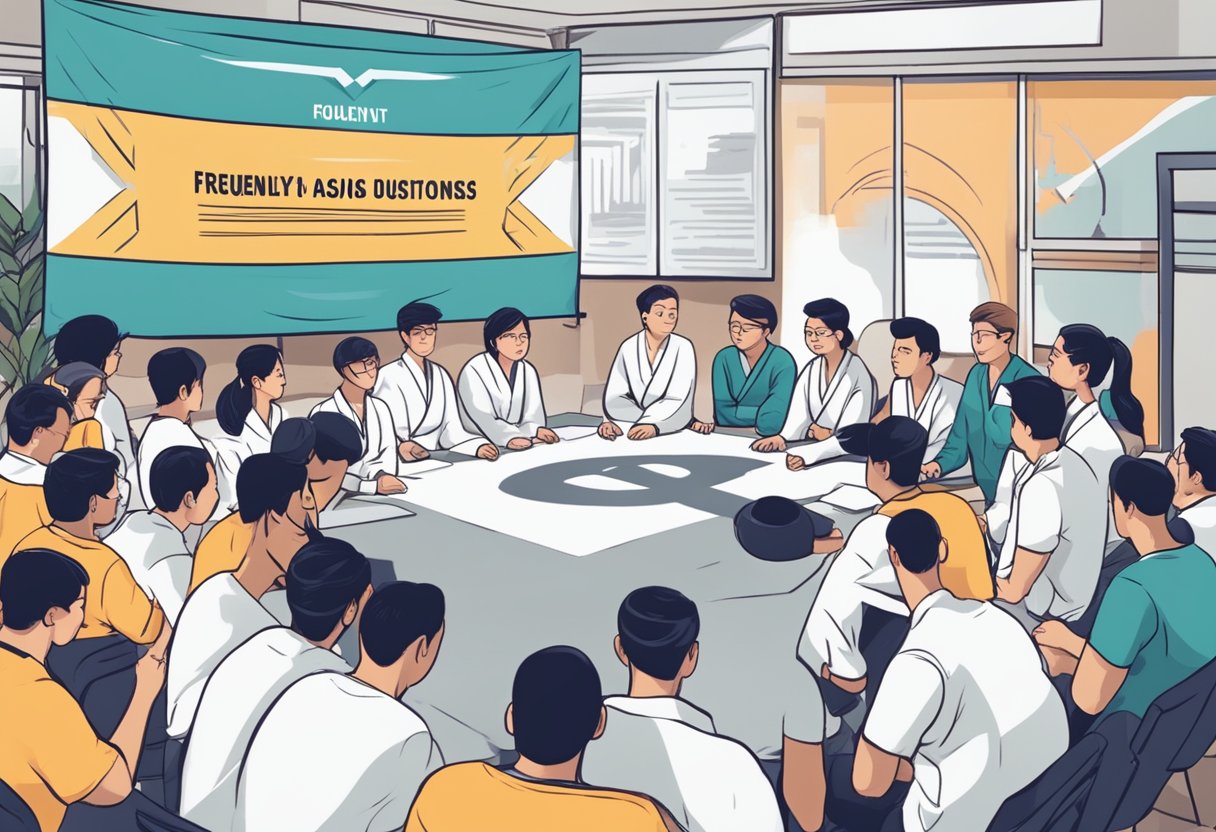 A group of people gather around a banner that reads "Frequently Asked Questions bjj singapore," pointing and discussing