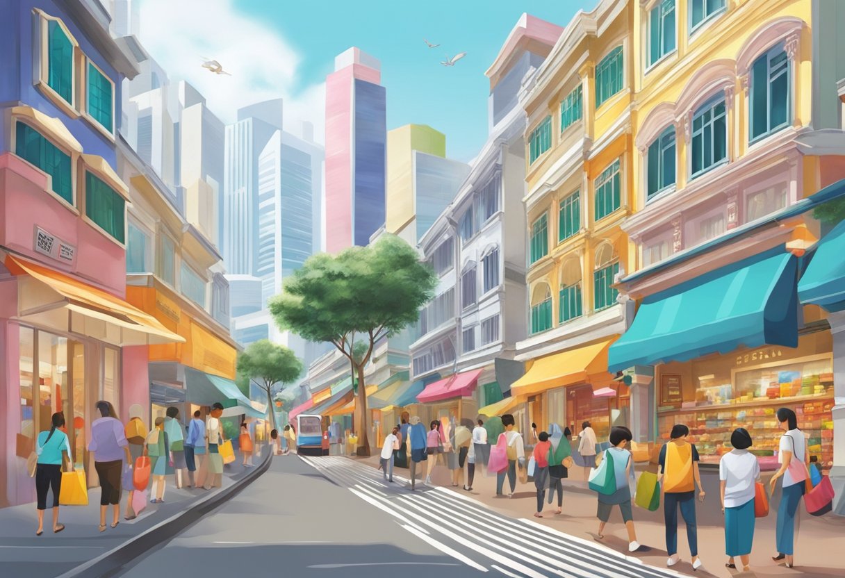 A bustling street in Singapore, with colorful storefronts displaying a variety of branded bags, catching the attention of passersby