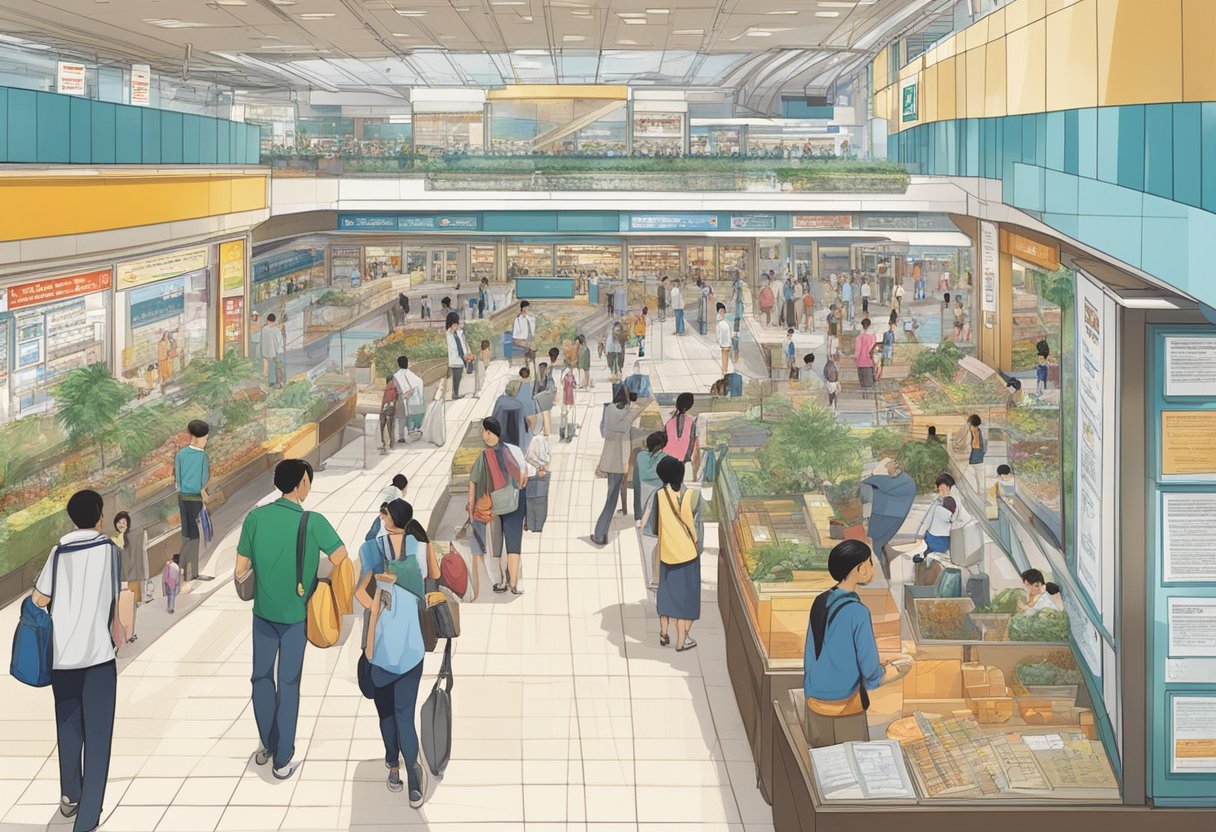 The bustling Great Eastern Centre in Singapore features a display of frequently asked questions, with people seeking information and assistance