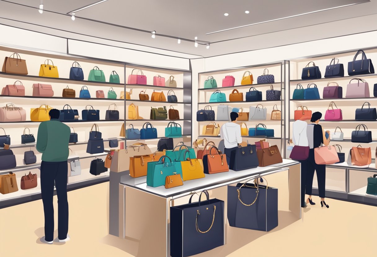 A busy designer bag store in Singapore, with shelves lined with luxurious branded bags. Customers browse and admire the stylish and expensive items on display