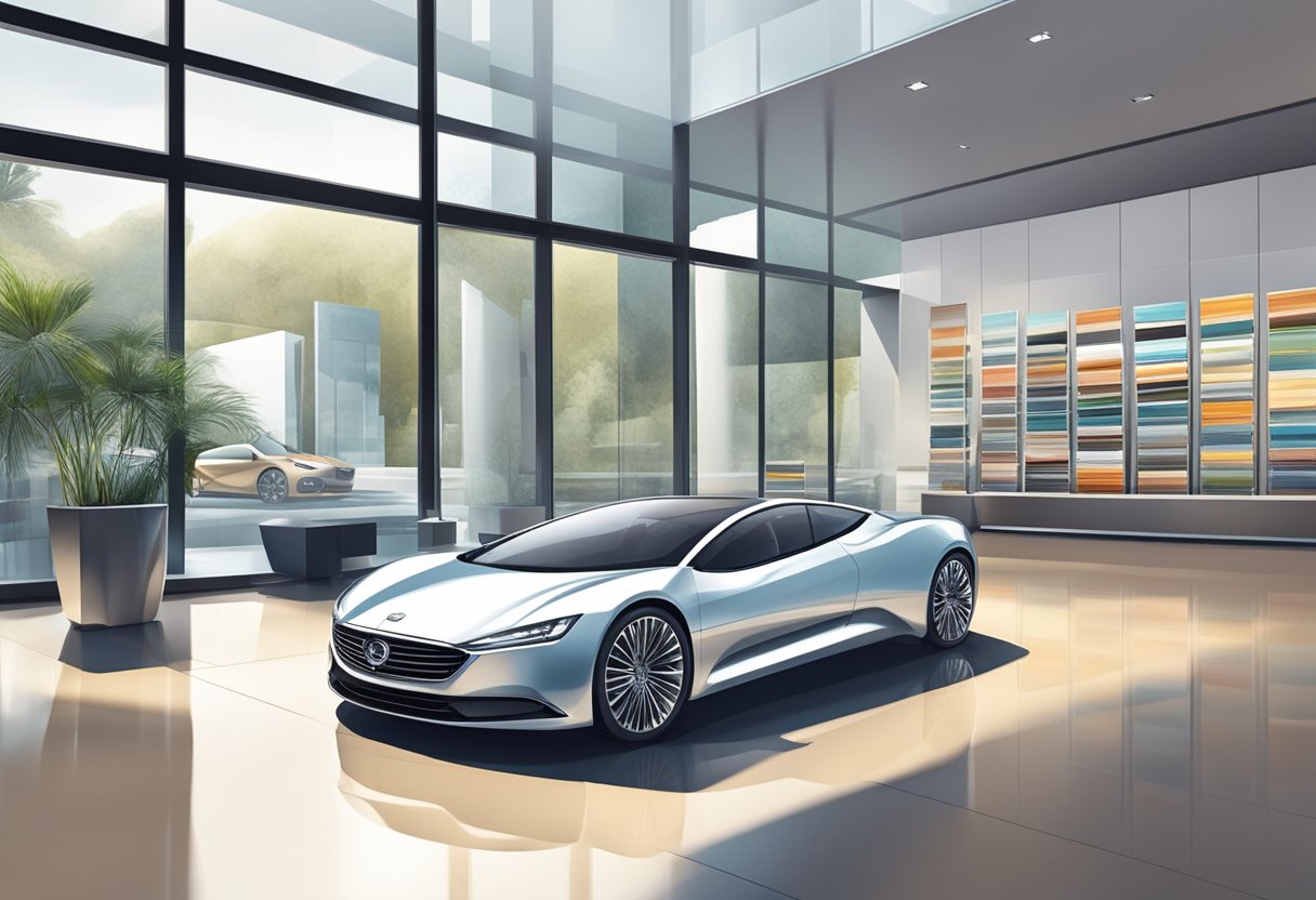A sleek car sits in a modern showroom, surrounded by glossy brochures and a professional salesperson