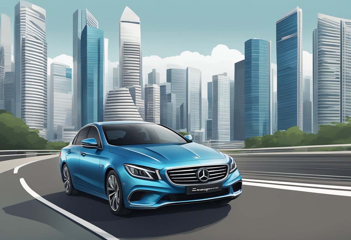 A sleek car driving through the urban streets of Singapore, with the city skyline in the background and a leasing company logo prominently displayed on the vehicle