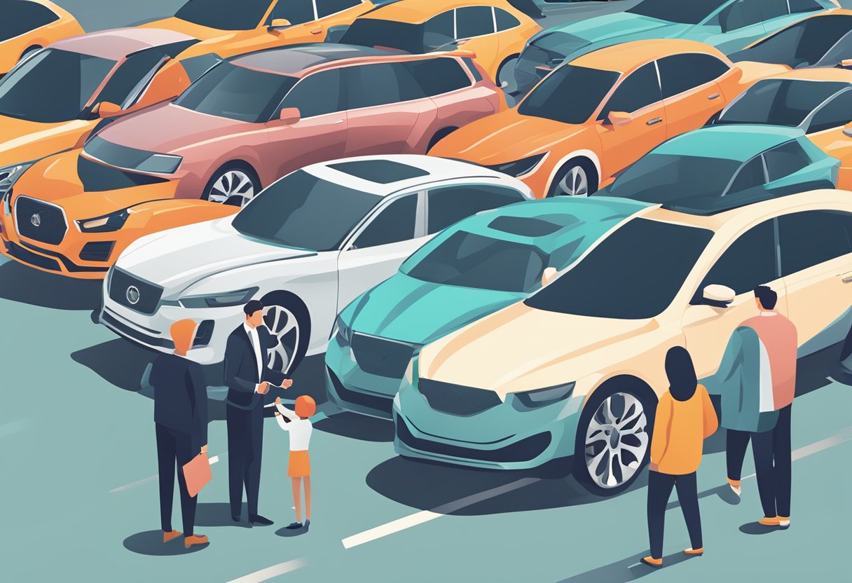 A person carefully selecting a car from a lineup of different models, with a leasing agent assisting them in making the right choice