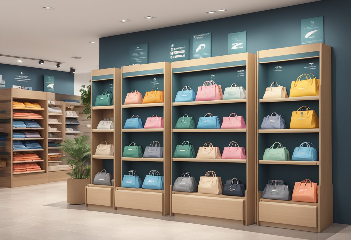 A stack of branded bags with "Frequently Asked Questions" printed on them, displayed in a Singaporean retail setting