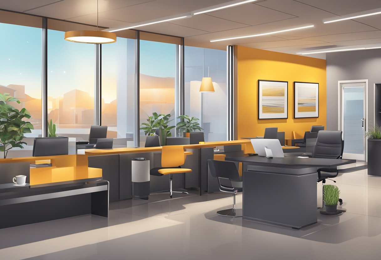 A car leasing office with a sign, desk, and customer seating area. Bright lighting and modern decor create a professional and welcoming atmosphere