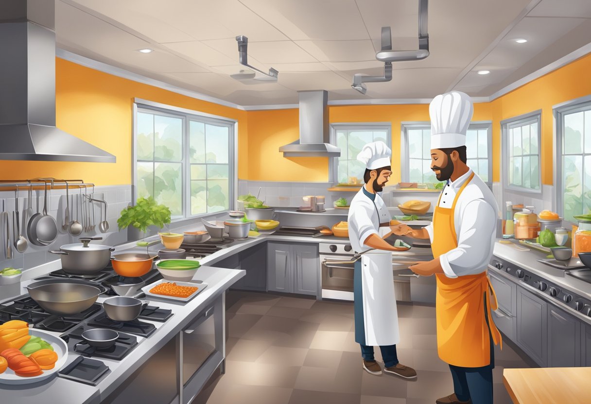 A bustling cooking studio with modern equipment and vibrant decor. A chef demonstrates a recipe to an attentive class