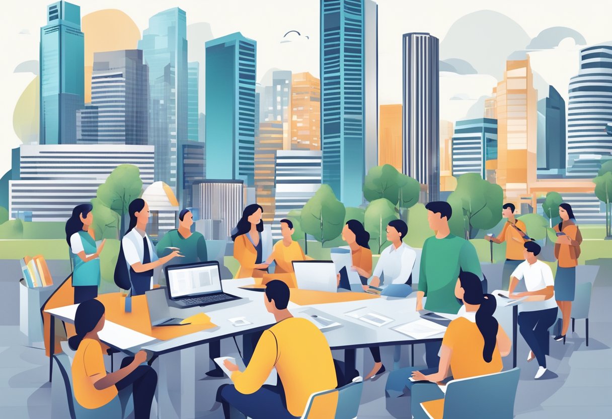 A group of people working together, sharing ideas and resources, in a modern city setting with iconic Singapore landmarks in the background
