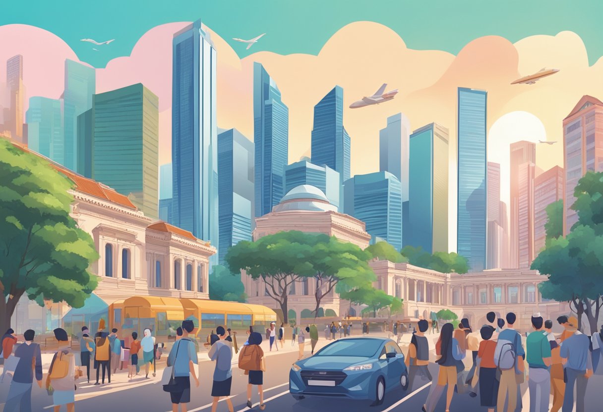 A bustling cityscape with iconic Singapore landmarks in the background, surrounded by a diverse group of people asking questions