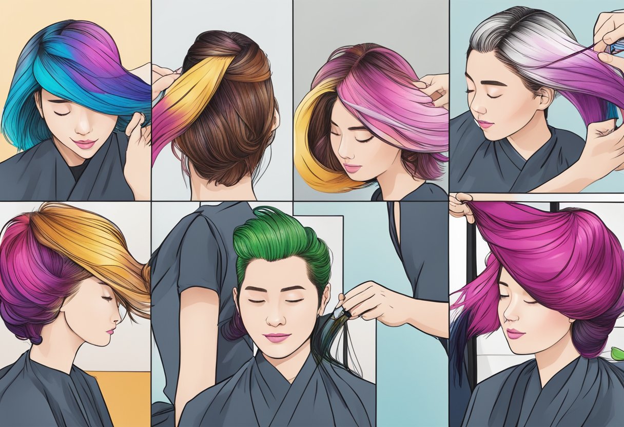 Vibrant hair dye being applied to strands in a salon chair in Singapore