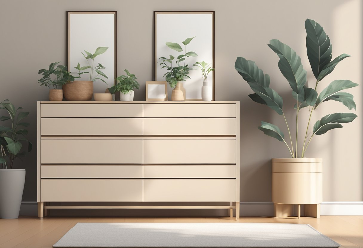 A room with modern decor, a spacious area with natural light. A sleek, minimalist chest of drawers against a neutral-colored wall