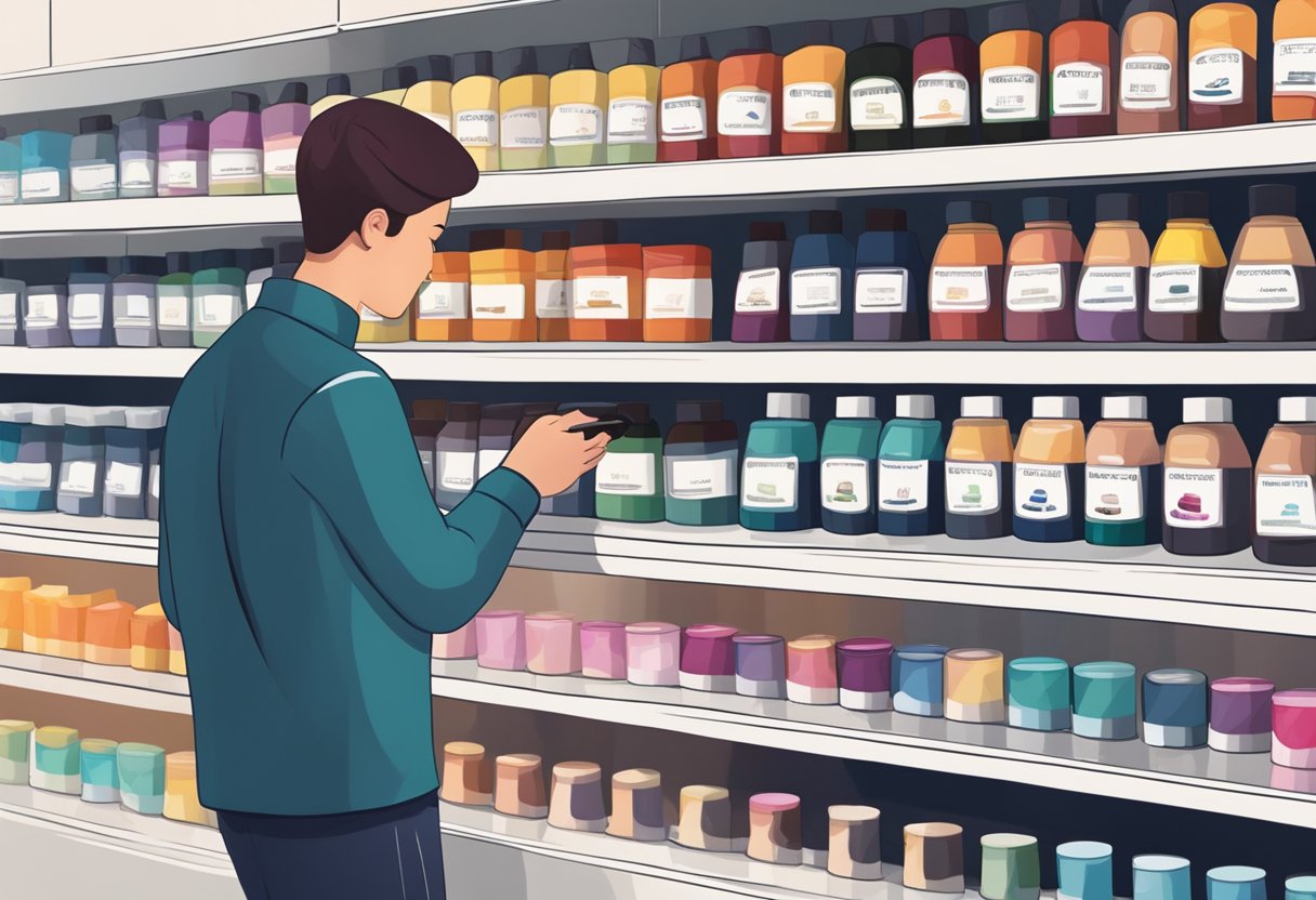 A person carefully choosing a hair dye from a shelf in a well-lit store
