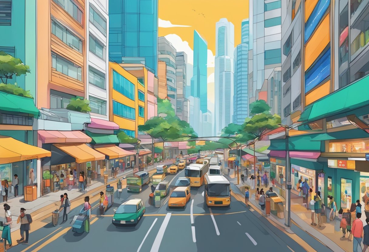 A bustling street in Singapore, with colorful shopfronts and bustling with people. Tall buildings line the skyline, and the air is filled with the sounds of traffic and chatter