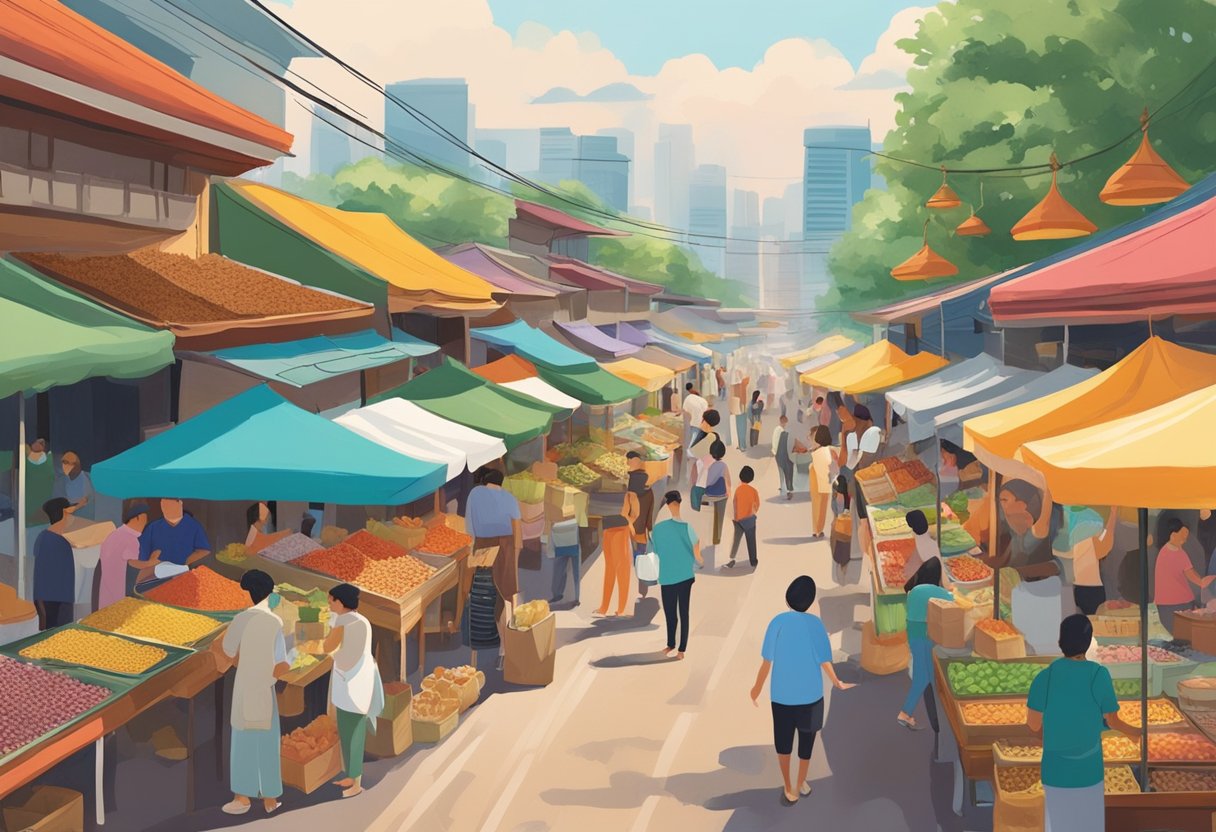 A bustling outdoor market with colorful stalls, exotic spices, and vibrant fruits. Aromatic smells waft through the air as locals and tourists sample Marcy's delectable Singaporean dishes