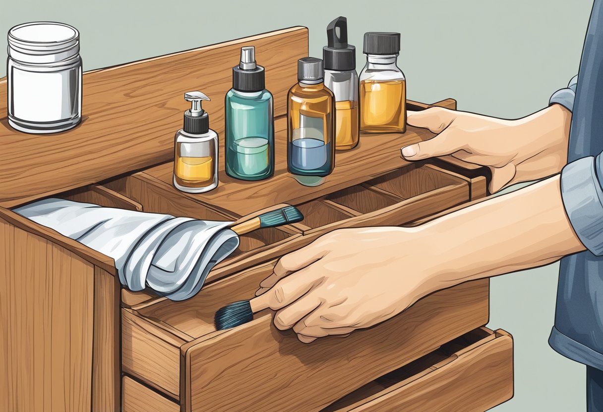 A hand reaches for a bottle of wood polish on a clutter-free chest of drawers. A cloth and brush sit nearby, ready for use