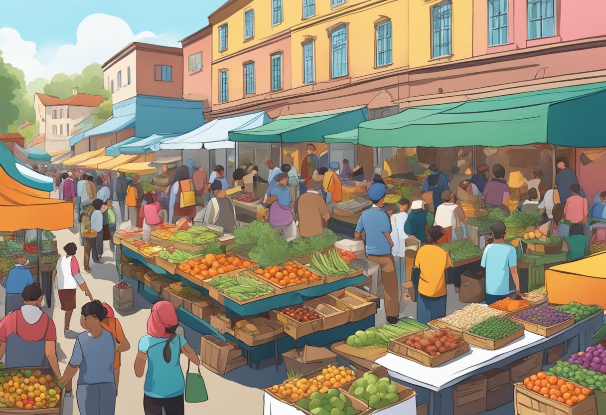 A bustling outdoor market with colorful stalls, aromatic food, and lively music. Shoppers browse through a variety of goods while vendors call out their wares