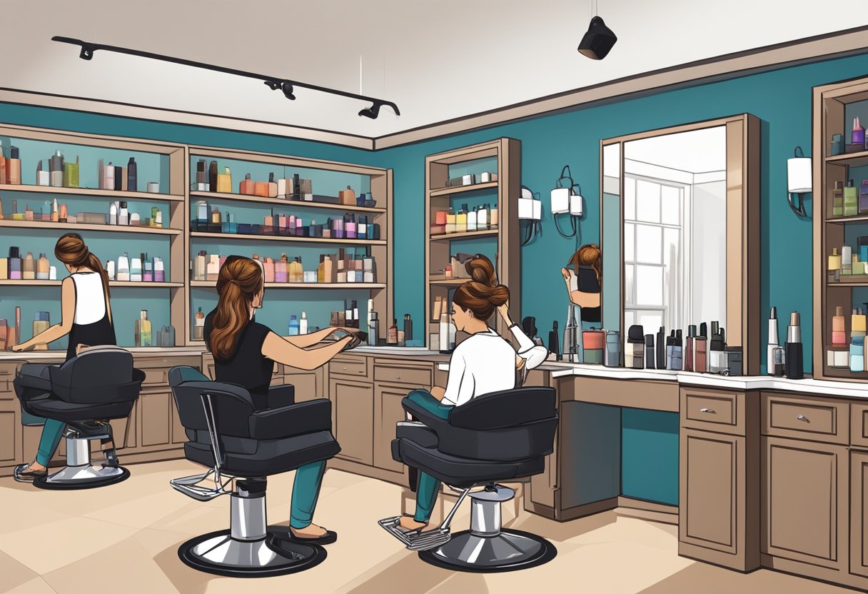 A stylist applies hair dye to a client's hair in a salon chair. Various color options and tools are displayed on a nearby shelf