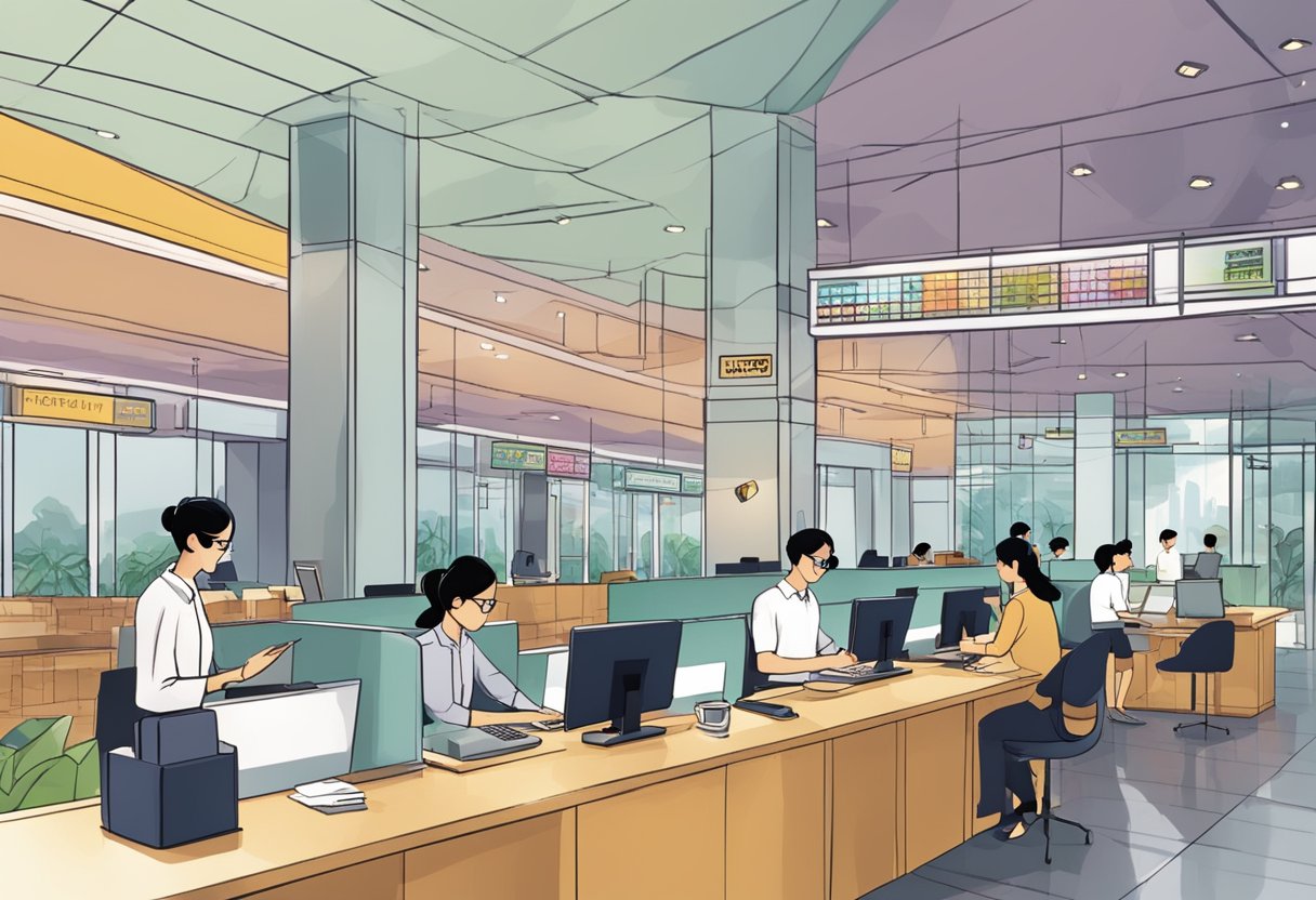 A customer service desk with a sign reading "Frequently Asked Questions" in a bustling Singapore setting