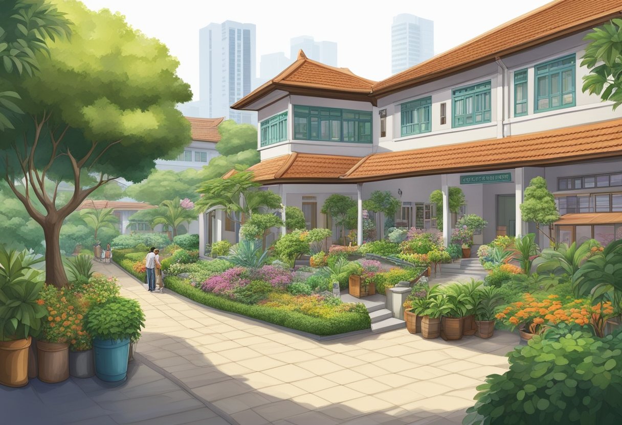 An old folks home in Singapore, with lush gardens and a peaceful courtyard, surrounded by modern buildings and bustling city life