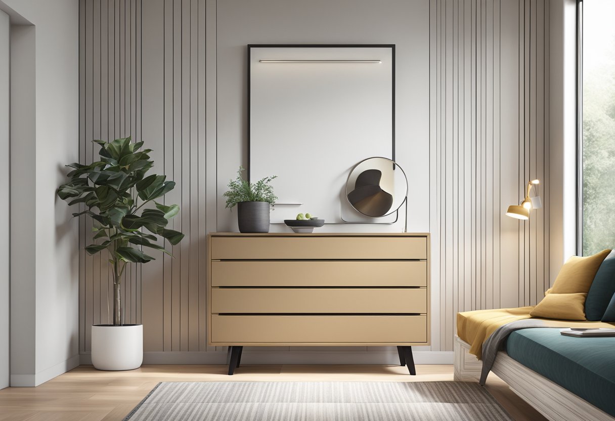 A sleek, modern chest of drawers in a well-lit room with clean lines and minimalistic decor