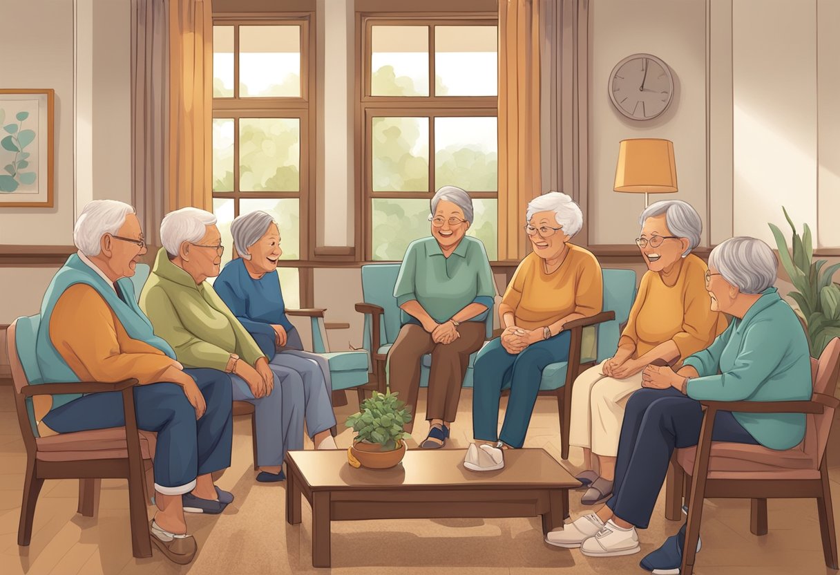 Elderly residents gather in a communal area, sharing stories and laughter. The room is filled with warmth and a sense of community