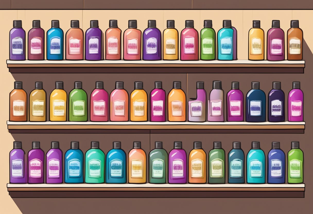 A colorful array of hair dye bottles arranged neatly on a shelf, with a sign above reading "Frequently Asked Questions hair dye singapore."