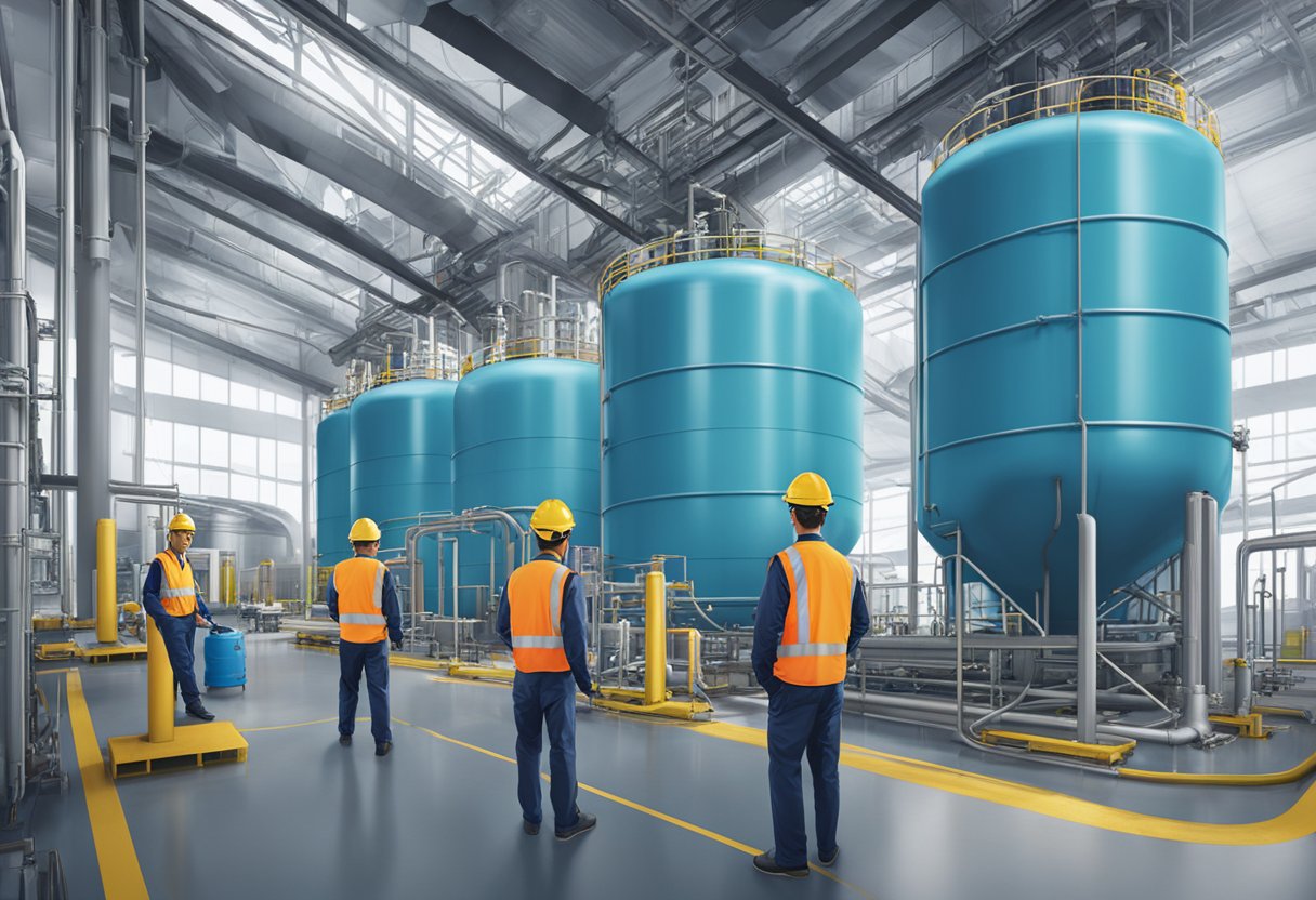 Air Liquide's Singapore operations: industrial gas tanks, pipelines, and workers in safety gear at a modern facility