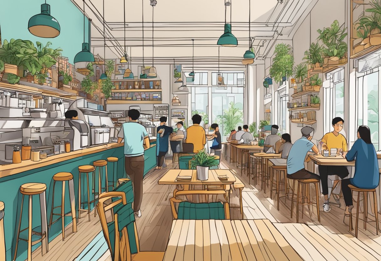 A bustling coffee shop in Singapore, filled with colorful furniture and decor. The aroma of freshly brewed coffee fills the air as customers chat and enjoy their drinks