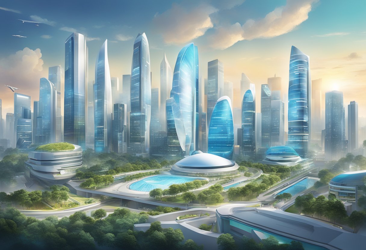 A bustling city skyline with futuristic buildings and advanced technology, showcasing the innovative and forward-thinking nature of Air Liquide Singapore's future growth