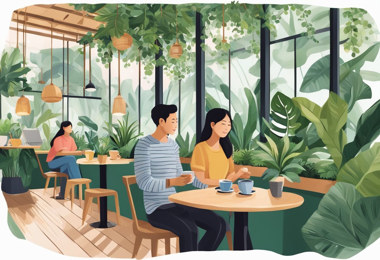 Customers savoring aromatic coffee in a cozy Singaporean café filled with lush greenery and modern decor
