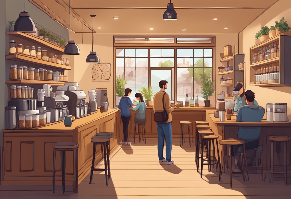 A cozy coffee shop with various types of coffee displayed on shelves, a barista brewing a fresh batch, and customers enjoying their drinks at small tables