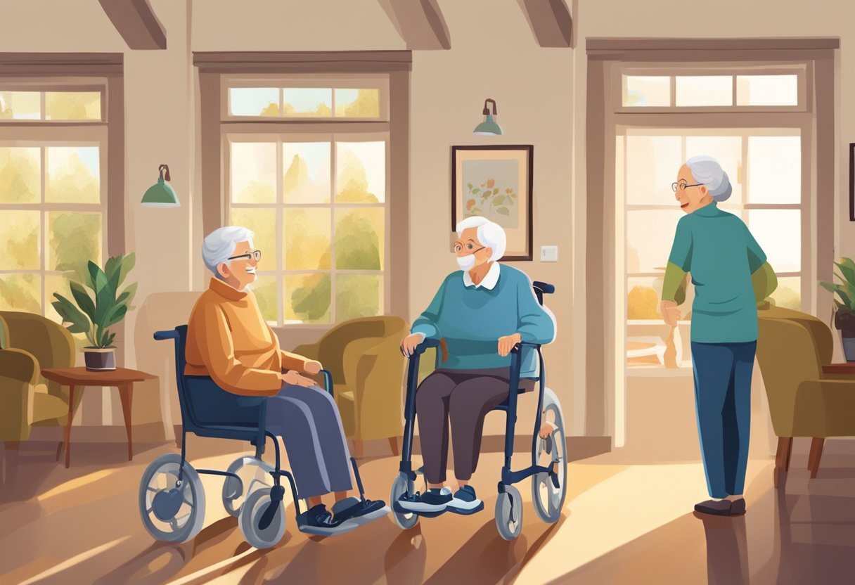 Elderly residents gather in a cozy common area, chatting and laughing. A staff member assists a senior with a walker. The atmosphere is warm and inviting