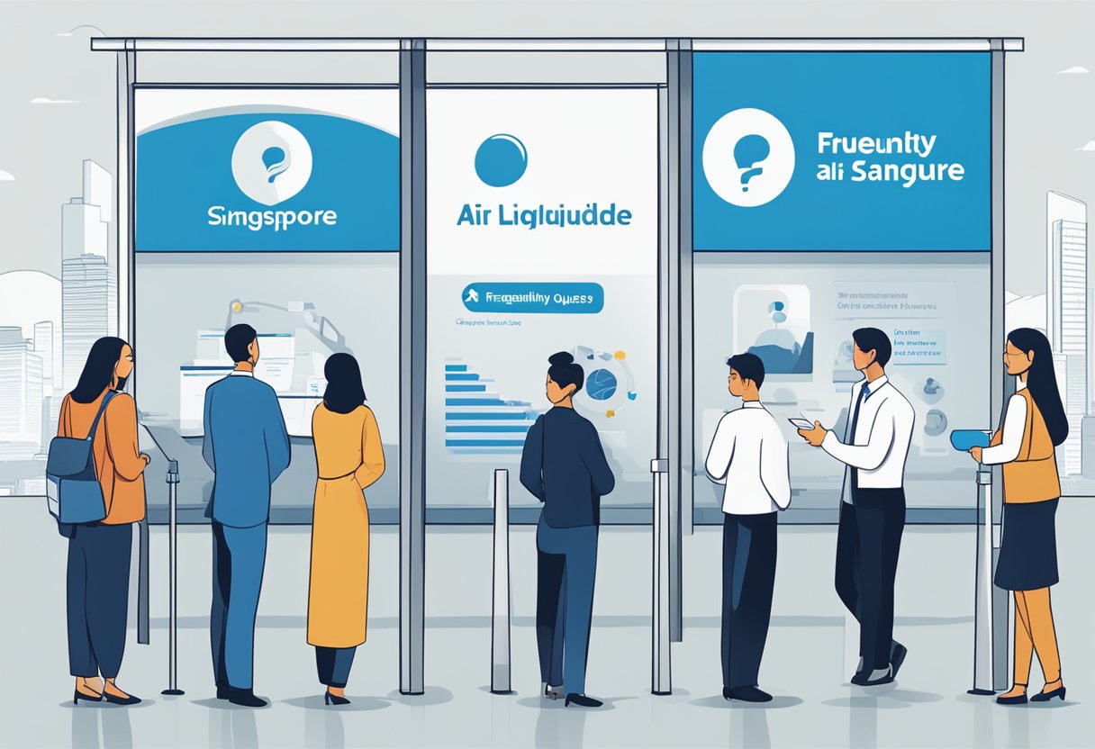 A group of people standing in front of a large sign that reads "Frequently Asked Questions Air Liquide Singapore." The individuals appear to be engaged in conversation and are looking at the sign with interest