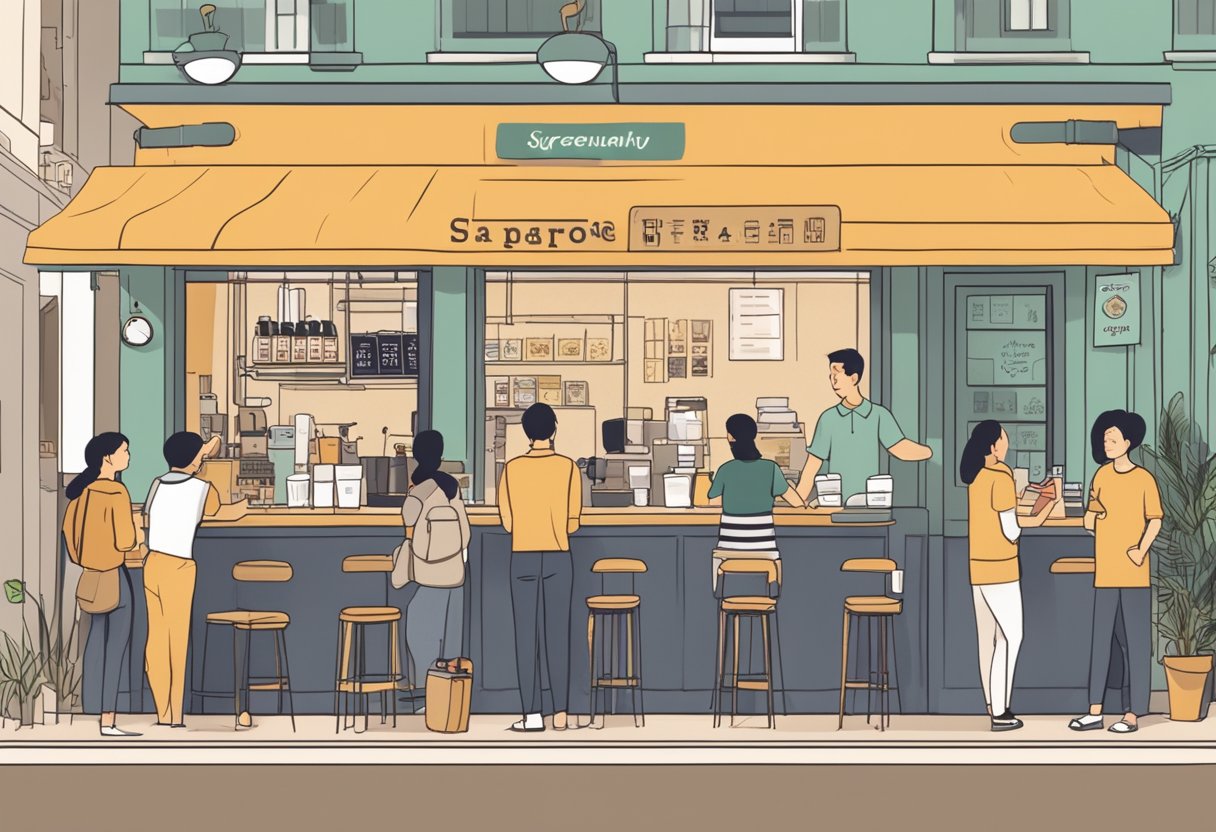 A bustling coffee shop in Singapore with customers lining up, baristas brewing coffee, and a sign displaying "Frequently Asked Questions" prominently