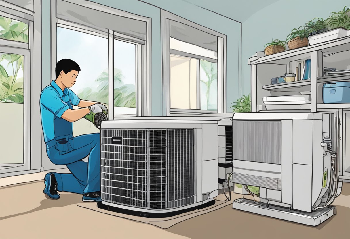 A technician servicing a Daikin air conditioner in a Singaporean home