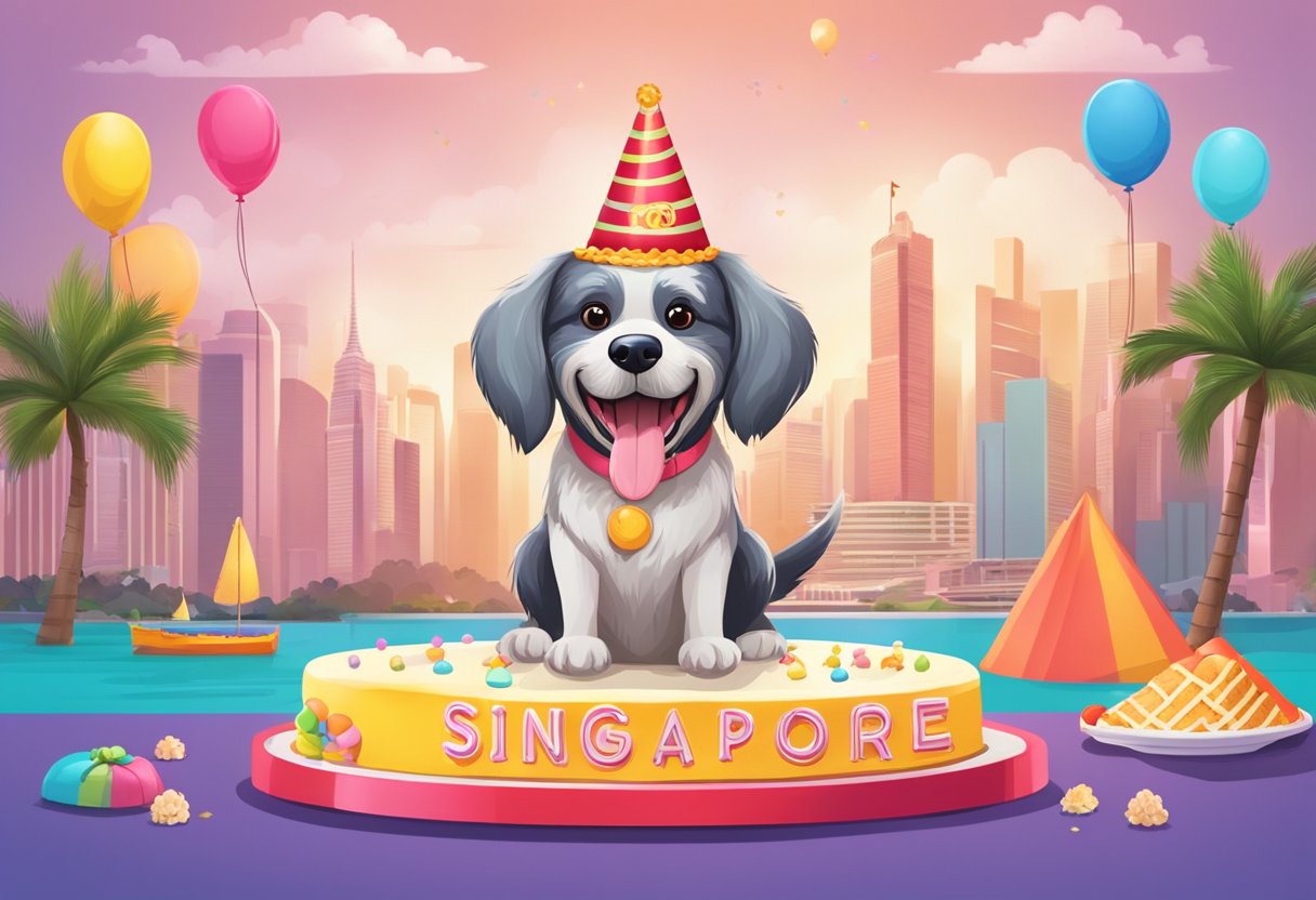 A happy dog wearing a party hat sits in front of a colorful cake with "Singapore" written on it. The cake is decorated with iconic symbols of the city