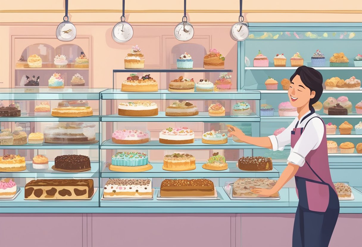 A happy dog owner carefully selects a beautifully decorated dog cake from a display of various options at a pet bakery in Singapore