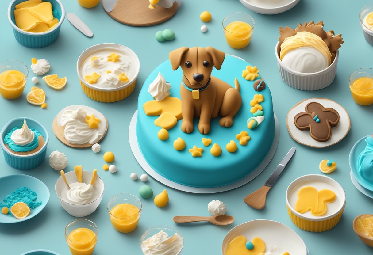 A dog-shaped cake being decorated with frosting and edible decorations on a clean kitchen counter