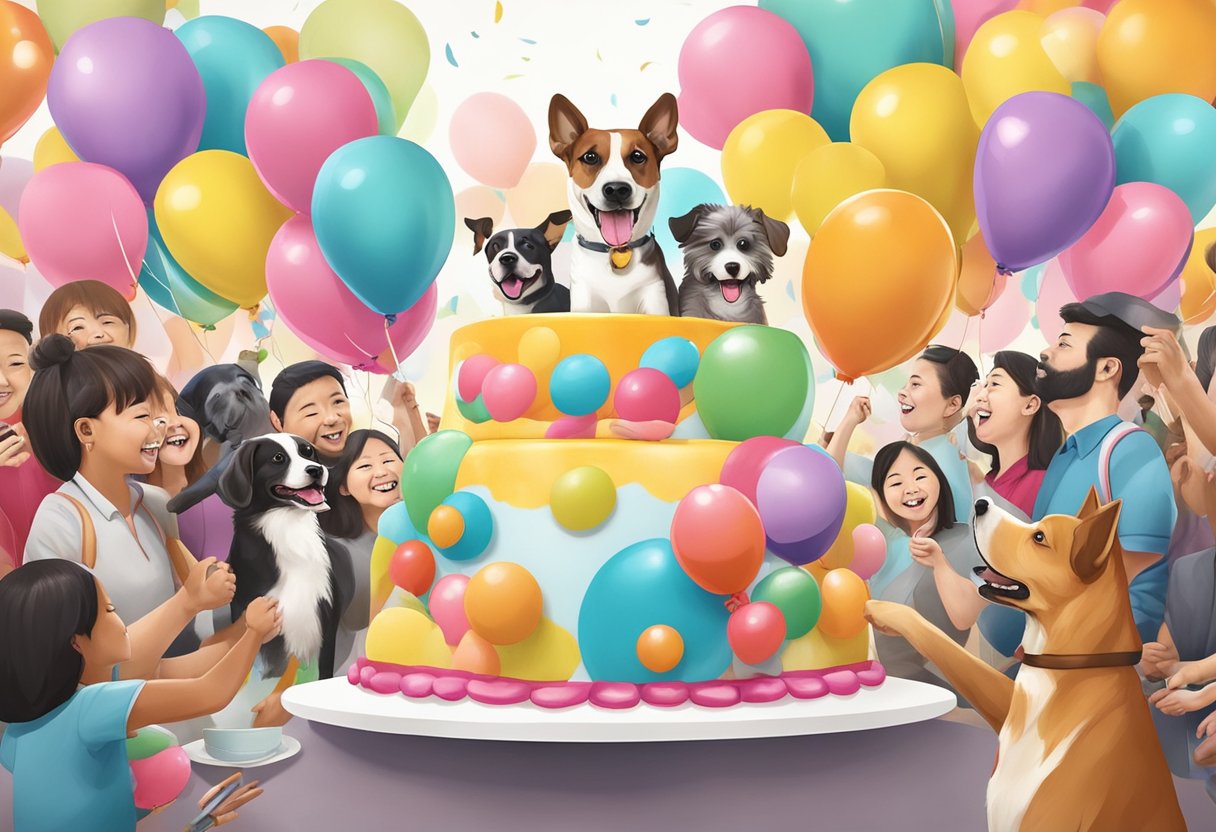 A dog-themed cake surrounded by colorful balloons and a happy crowd in Singapore