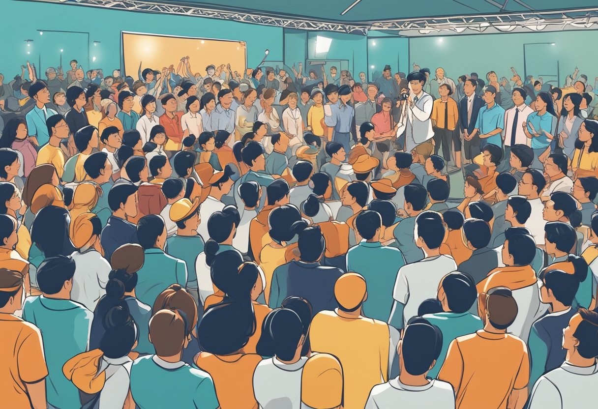 A lively crowd gathers around a stage as an emcee in Singapore engages the audience with energetic gestures and a microphone