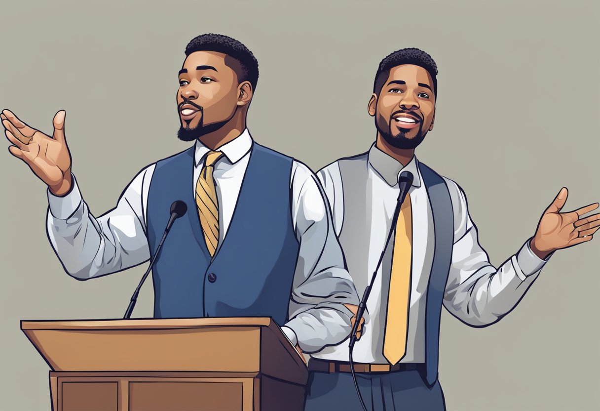 An emcee commands attention, gestures confidently, engages audience, and speaks clearly