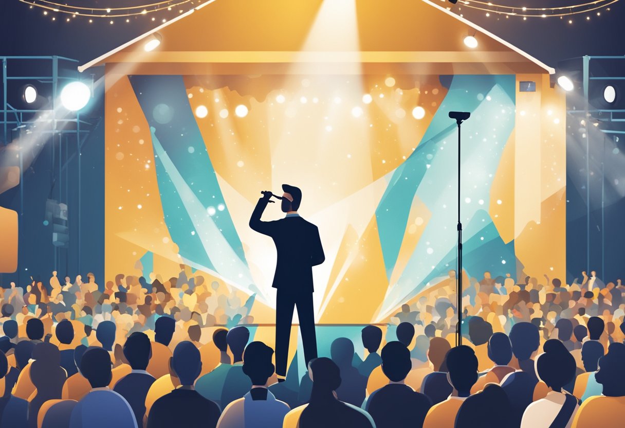 A stage with a microphone, spotlight, and crowd. Emcee Singapore logo displayed on a banner