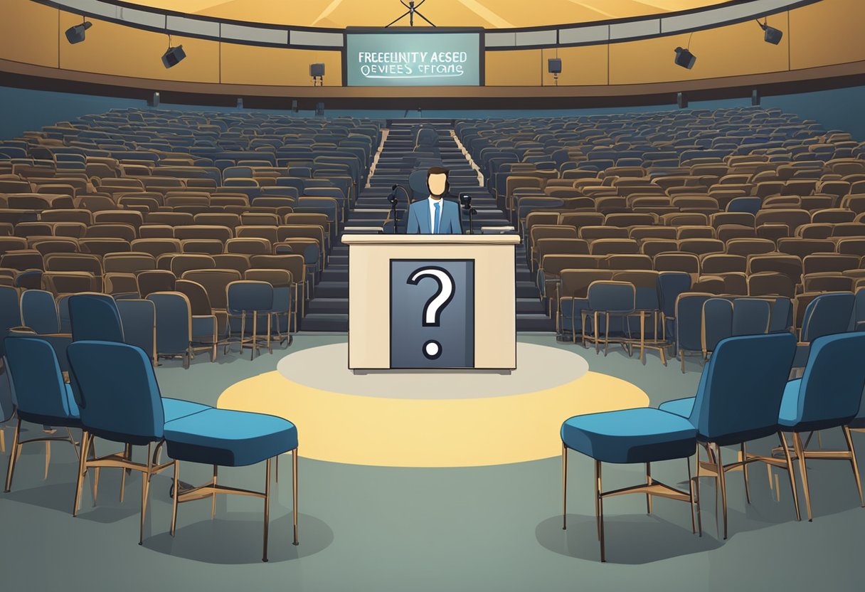A spotlight shines on a microphone with "Frequently Asked Questions" displayed on a screen. Audience chairs are arranged in front