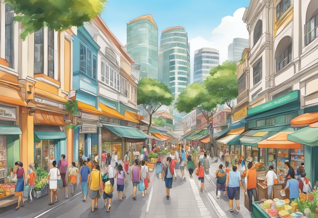 A bustling street in Singapore, with a prominent Holland and Barrett storefront amidst a colorful array of other shops and bustling activity